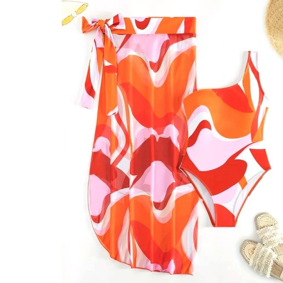 One Piece Swimsuit with Coordinating Wrap Skirt Coverup NWT - Picture 3 of 10